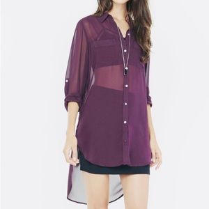 Express Sheer Tunic Button-Down Blouse